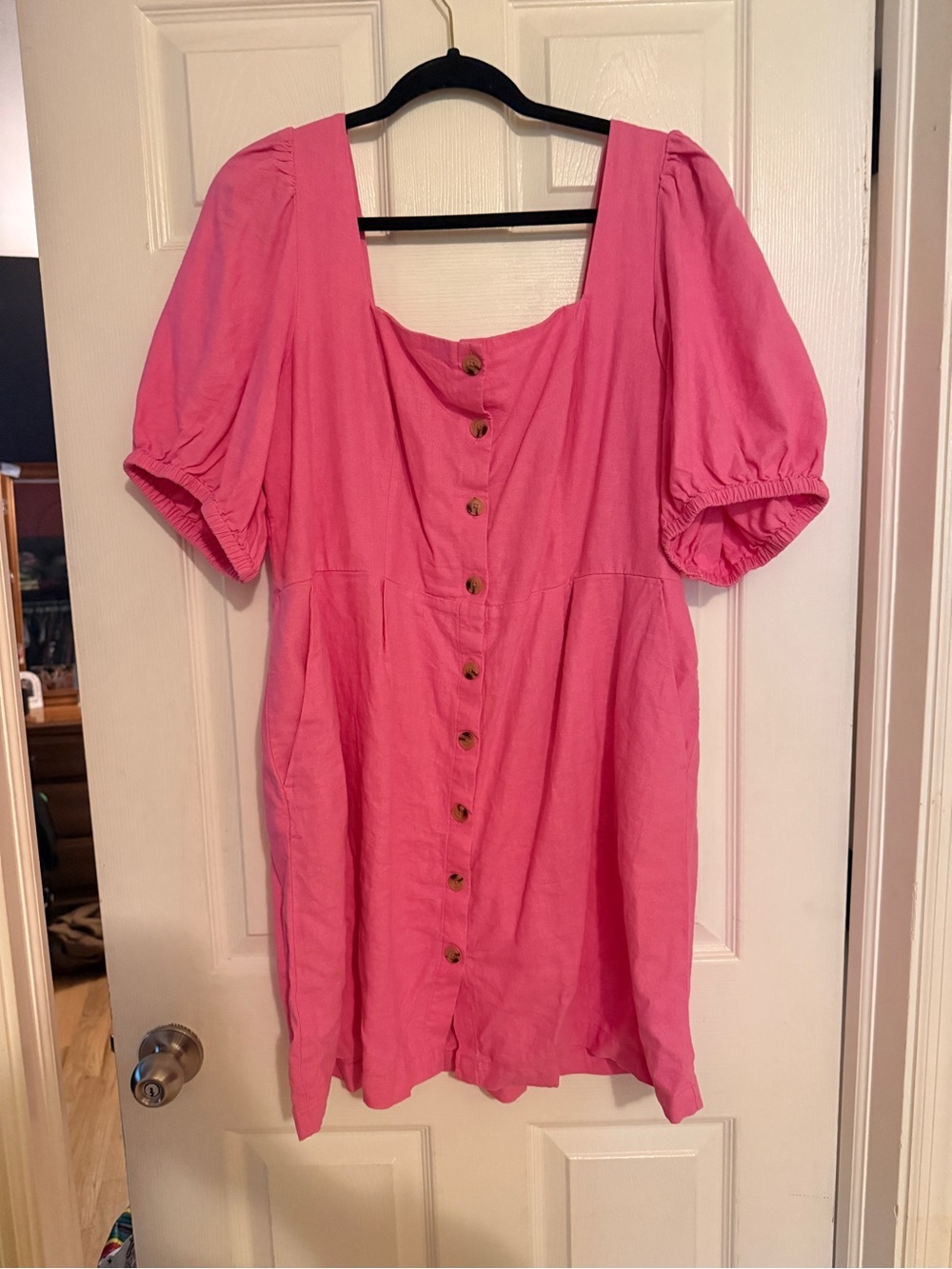 Women's Pink Button-Front Puff Sleeve Dress Tunic